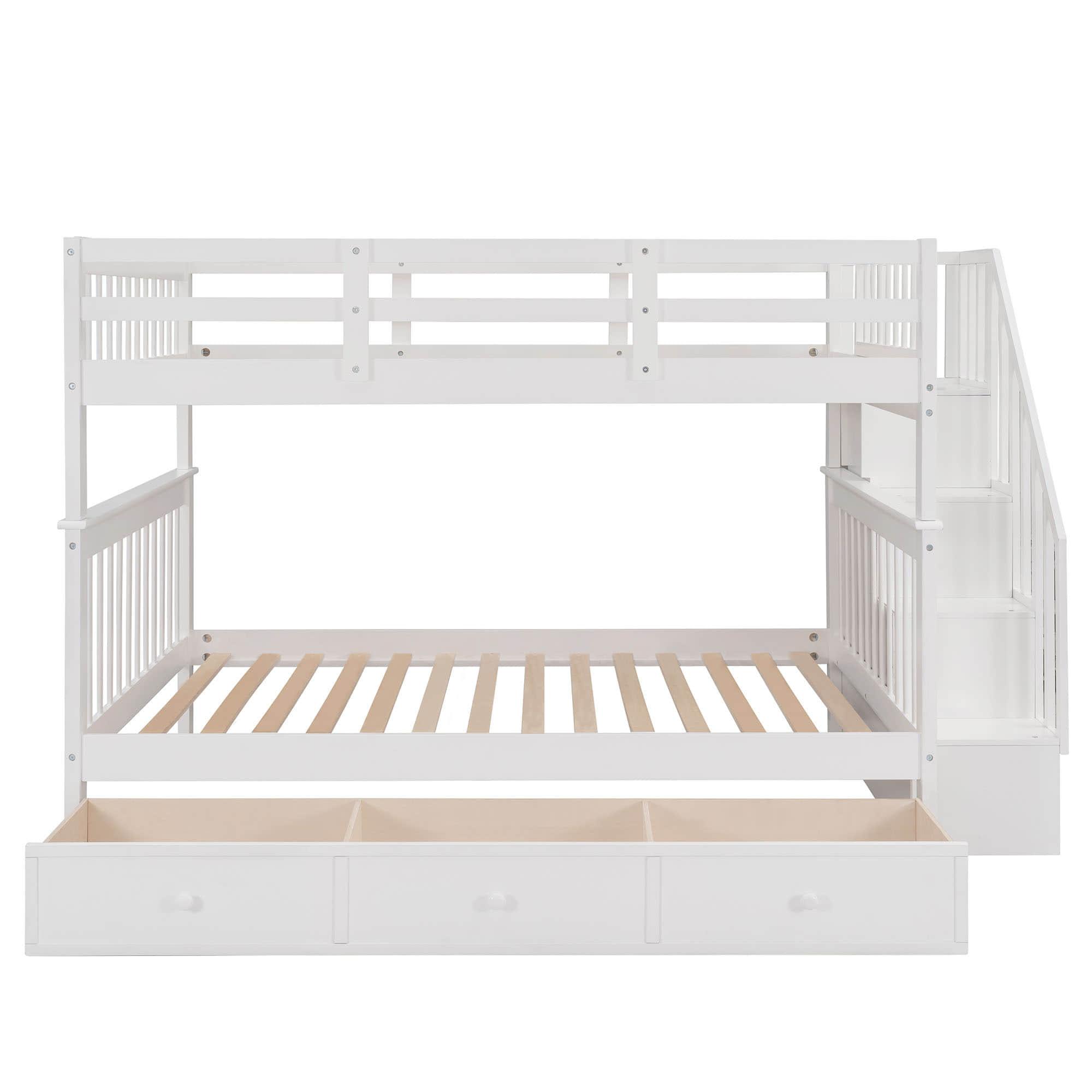 Wood Full Over Full Bunk Bed with Storage and Stairs - [Drawers, Shelves, Class]