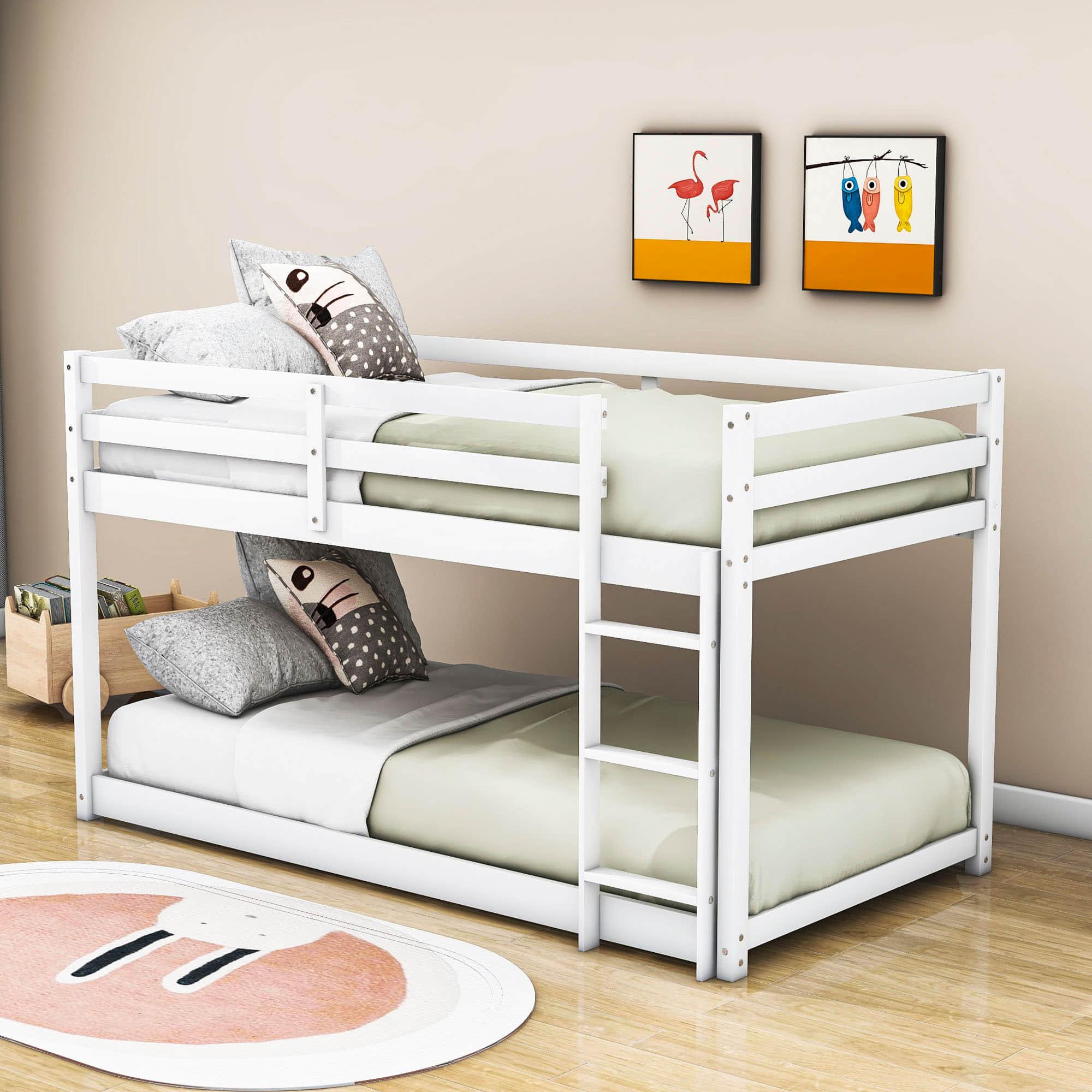 Wood Scandinavian Twin Over Twin Floor Loft Bunk Bed with Ladder