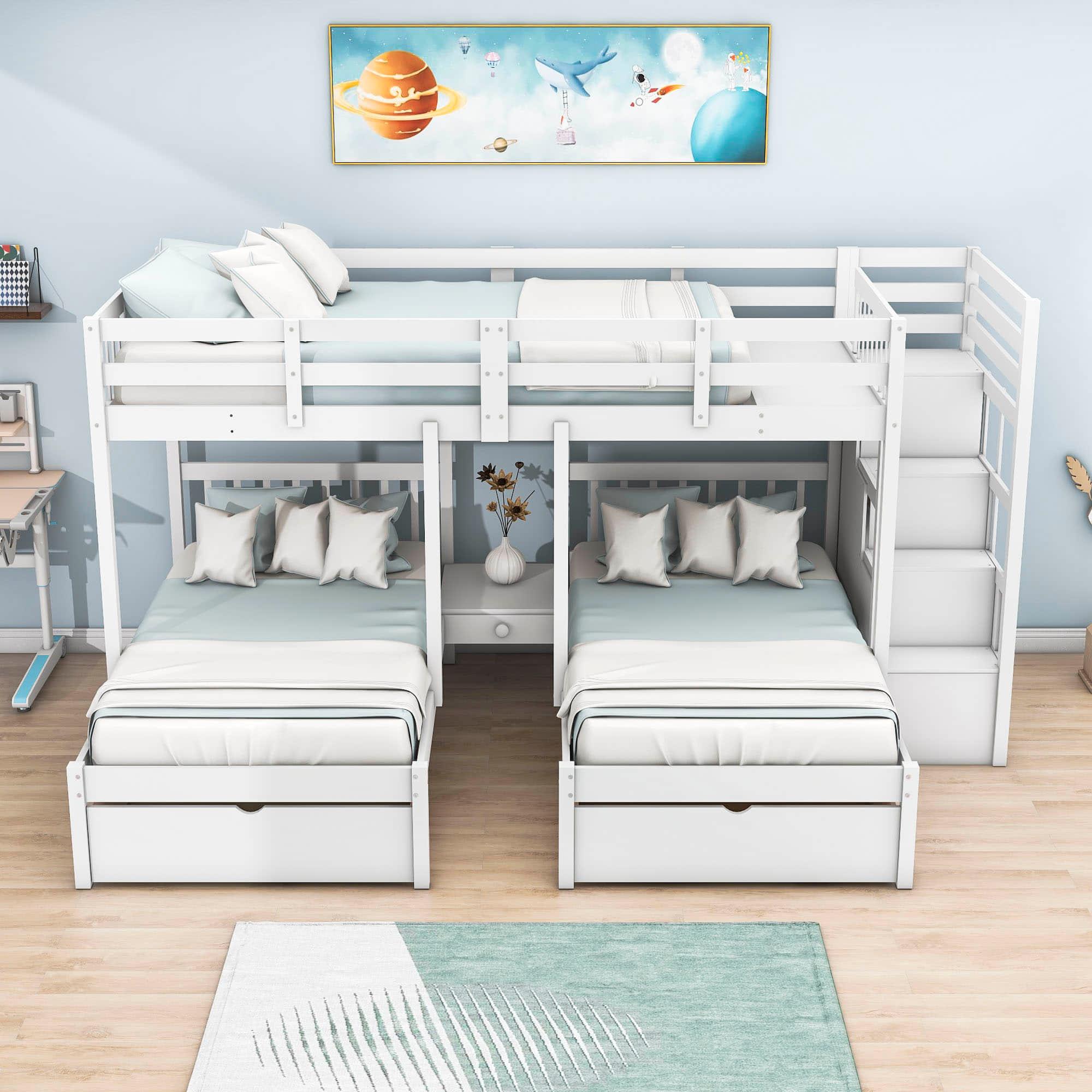 Wood Full Over Twin & Twin L-Shaped Triple Bunk Bed with Stairs and Drawers