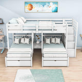 Wood Full Over Twin & Twin L-Shaped Triple Bunk Bed with Stairs and Drawers