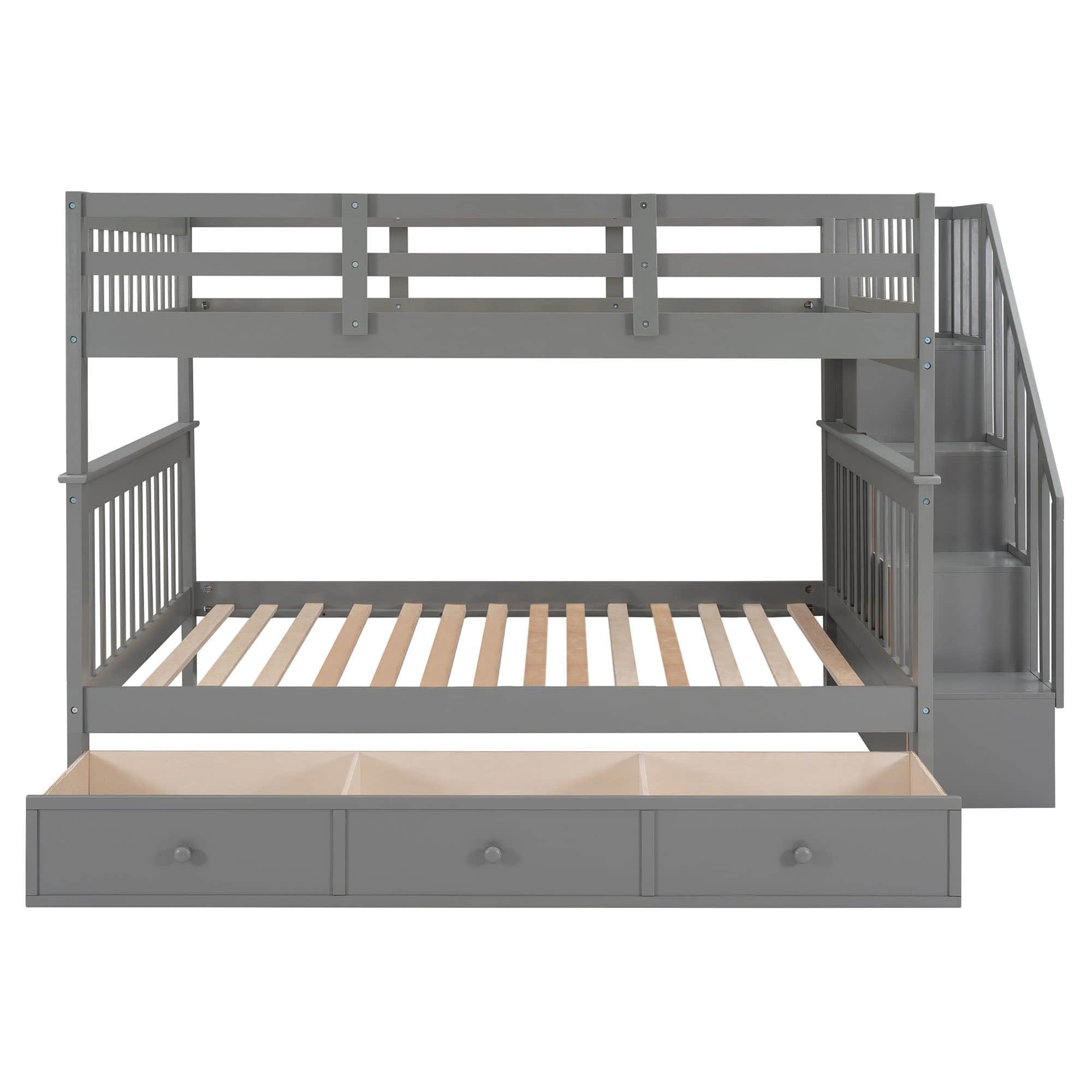 Wood Full Over Full Bunk Bed with Storage and Stairs - [Drawers, Shelves, Class]