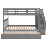 Wood Full Over Full Bunk Bed with Storage and Stairs - [Drawers, Shelves, Class]