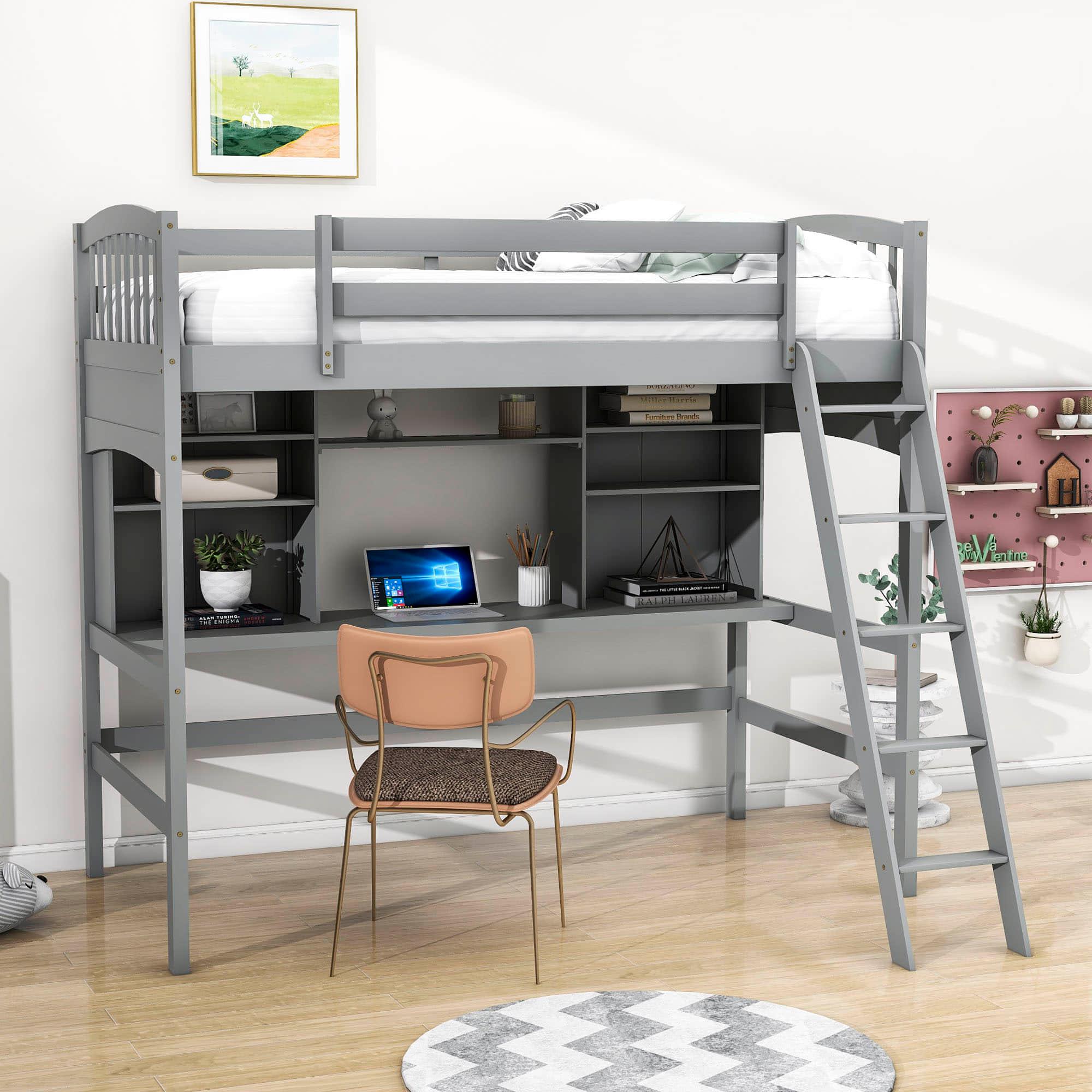 Convertible Twin High Loft Bed with Desk and Shelves - [Storage, Ladder, Wood]