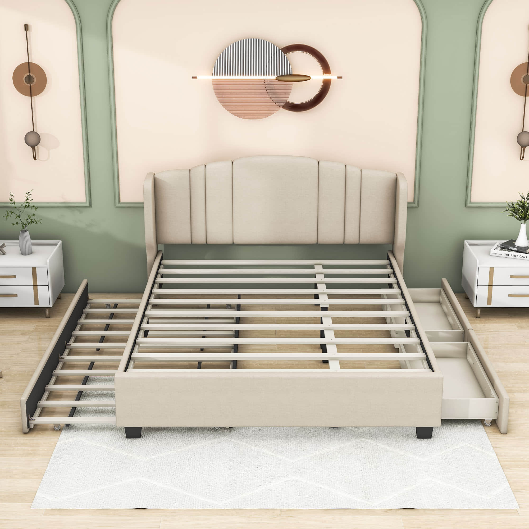 Modern Upholstered Queen Platform Bed Frame with Headboard and Storage