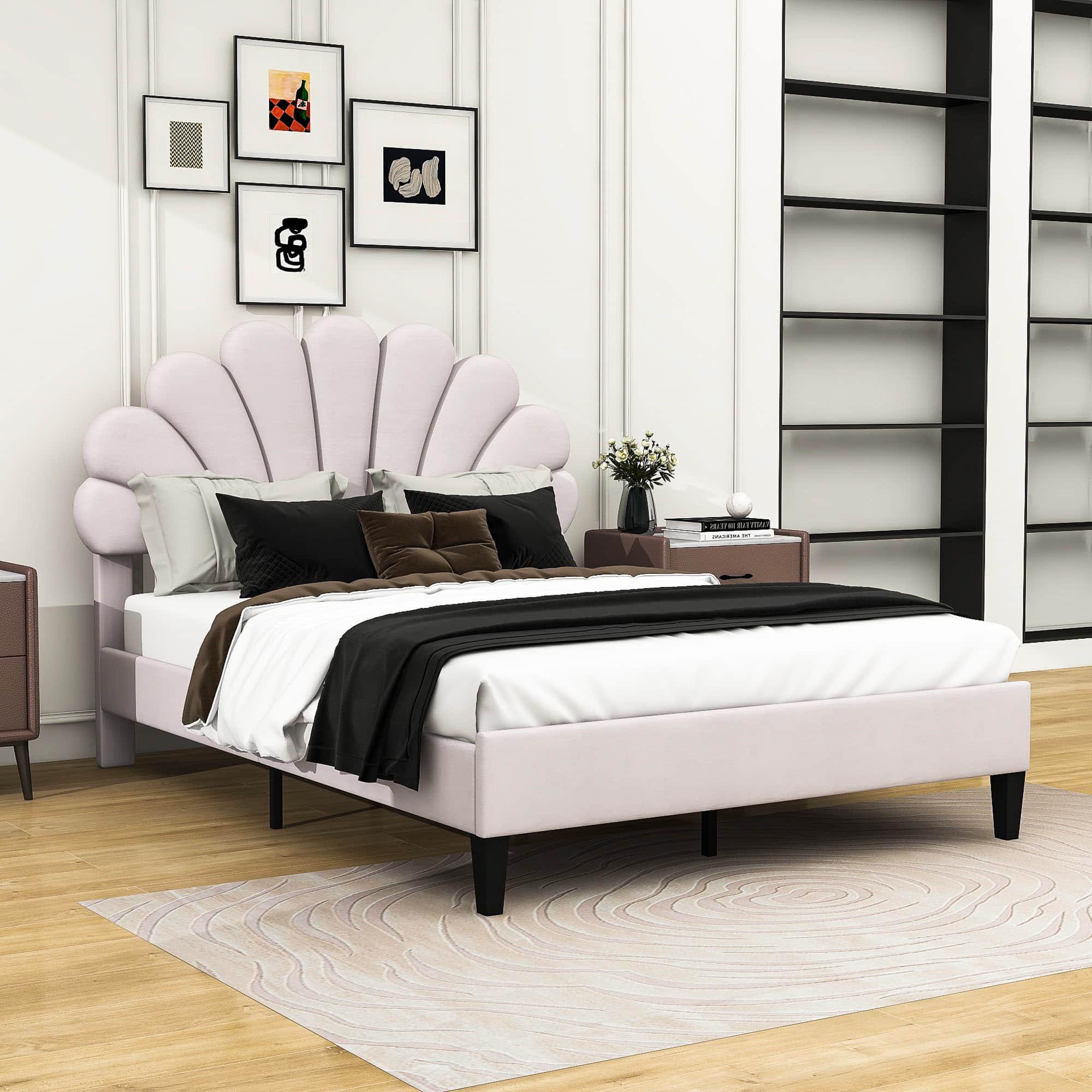 Modern Full Size Velvet Upholstered Platform Bed Frame with Headboard