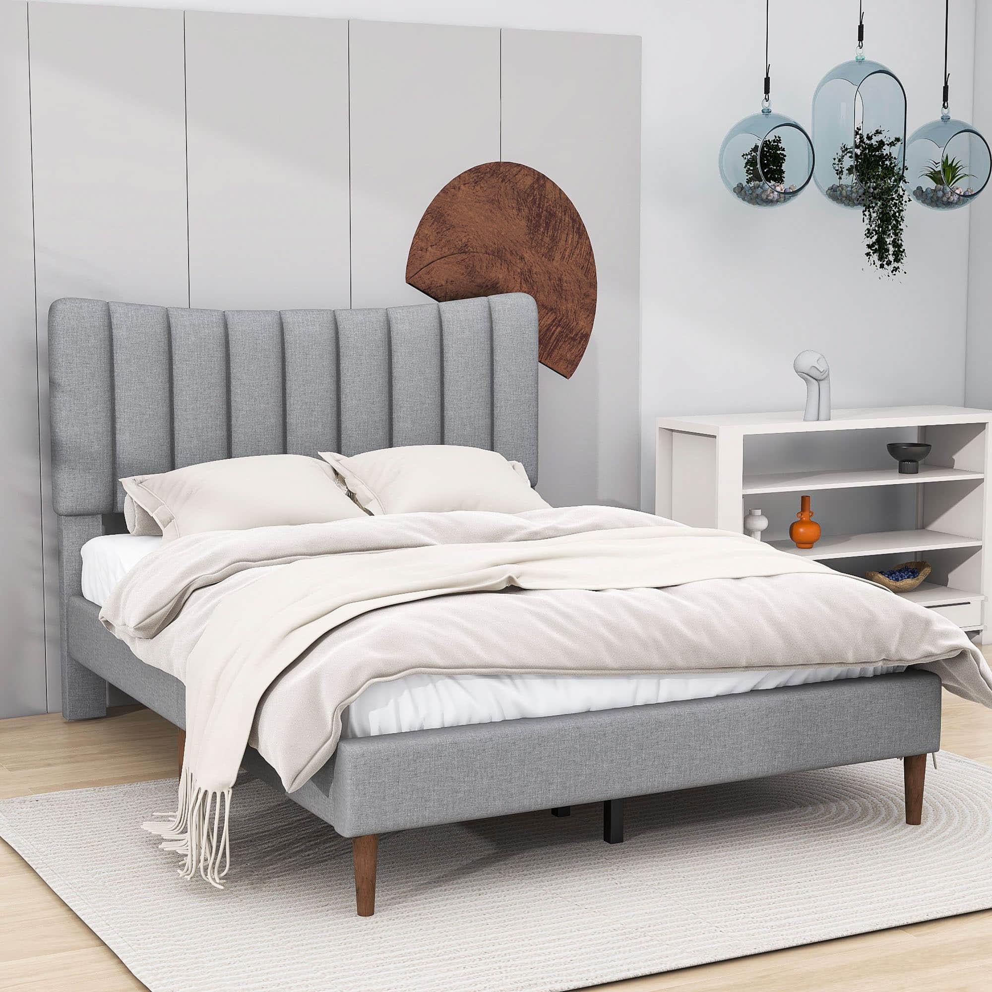 Full Size Linen Upholstered Platform Low Bed Frame with Headboard