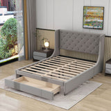 Queen Upholstered Bed Frame with Wingback Headboard and Storage