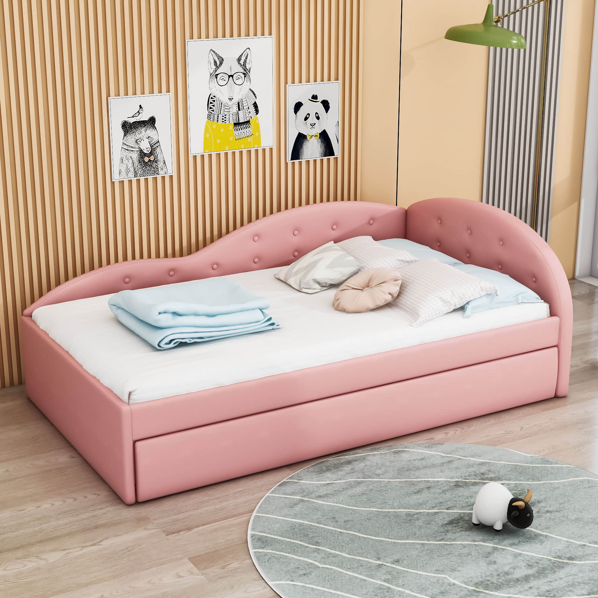 Twin PU Upholstered Kids Daybed with Trundle and Cloud-Shaped Rail