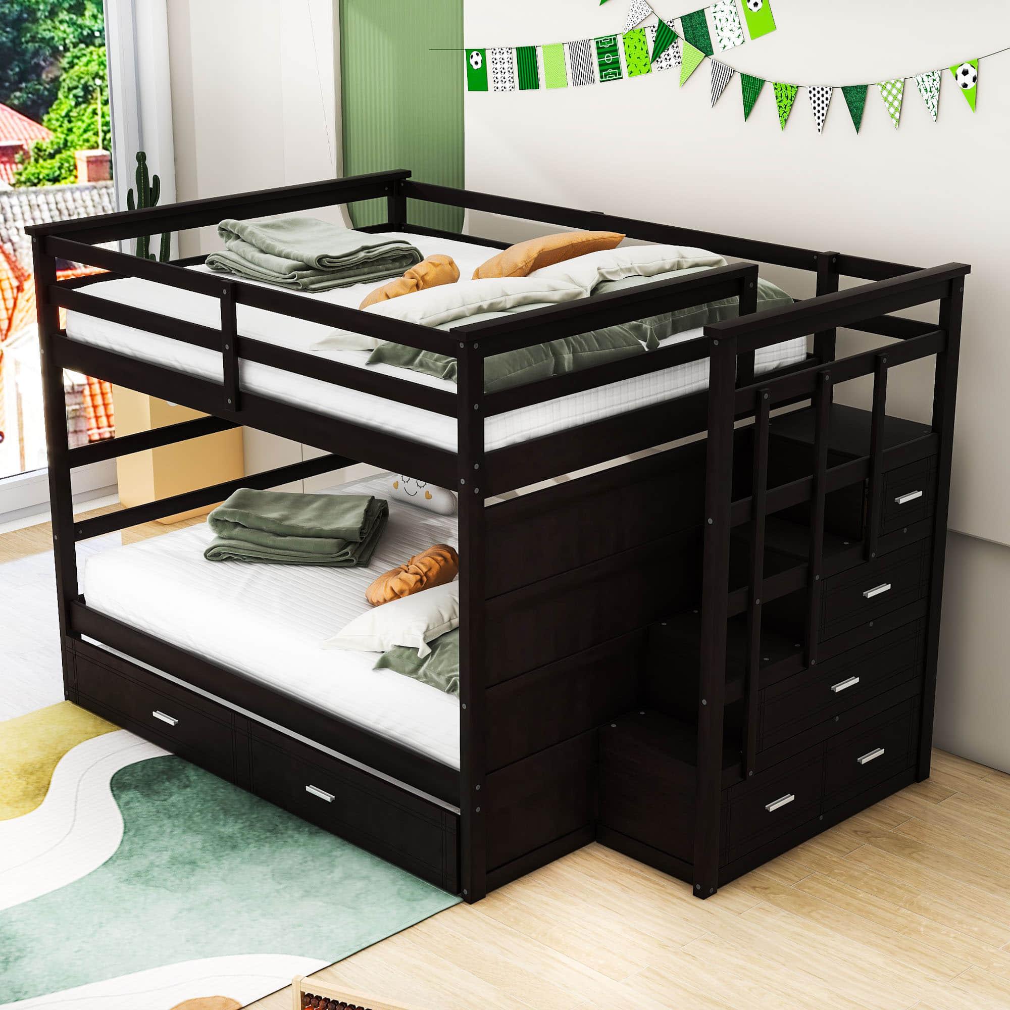 Full Size Bunk Beds with Stairs and Trundle, Storage for Kids, Adults