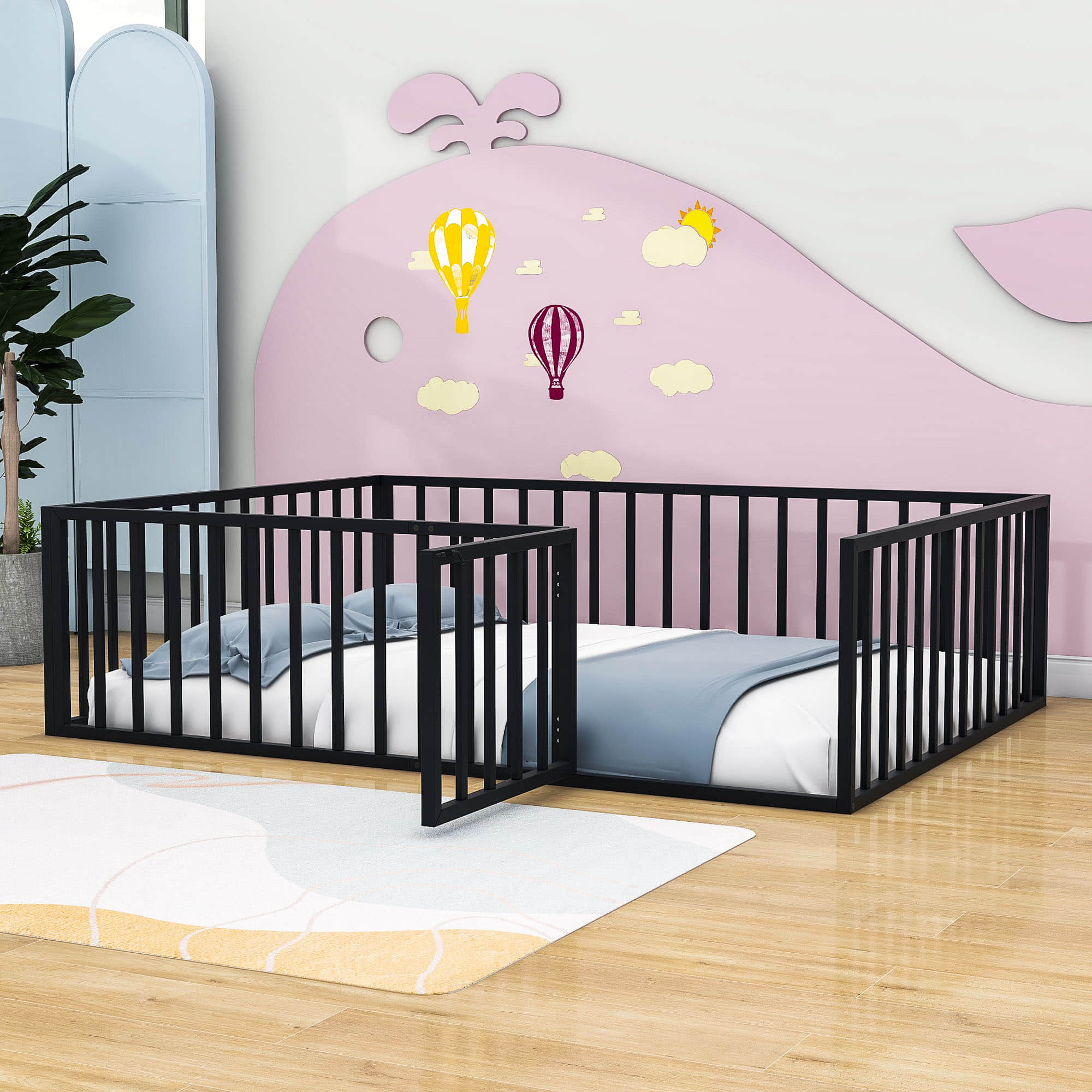 Metal Montessori Queen Toddler Floor Bed with Rails for Kids