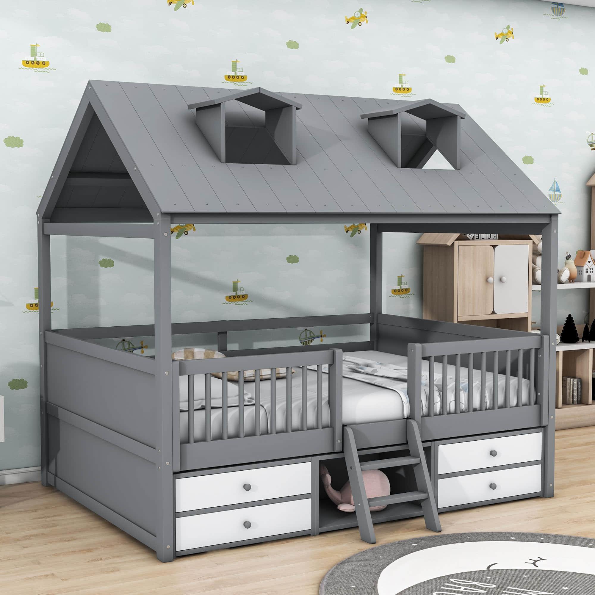 Low Full Size Loft House Bed with Storage for Kids, Toddler - [Wooden]