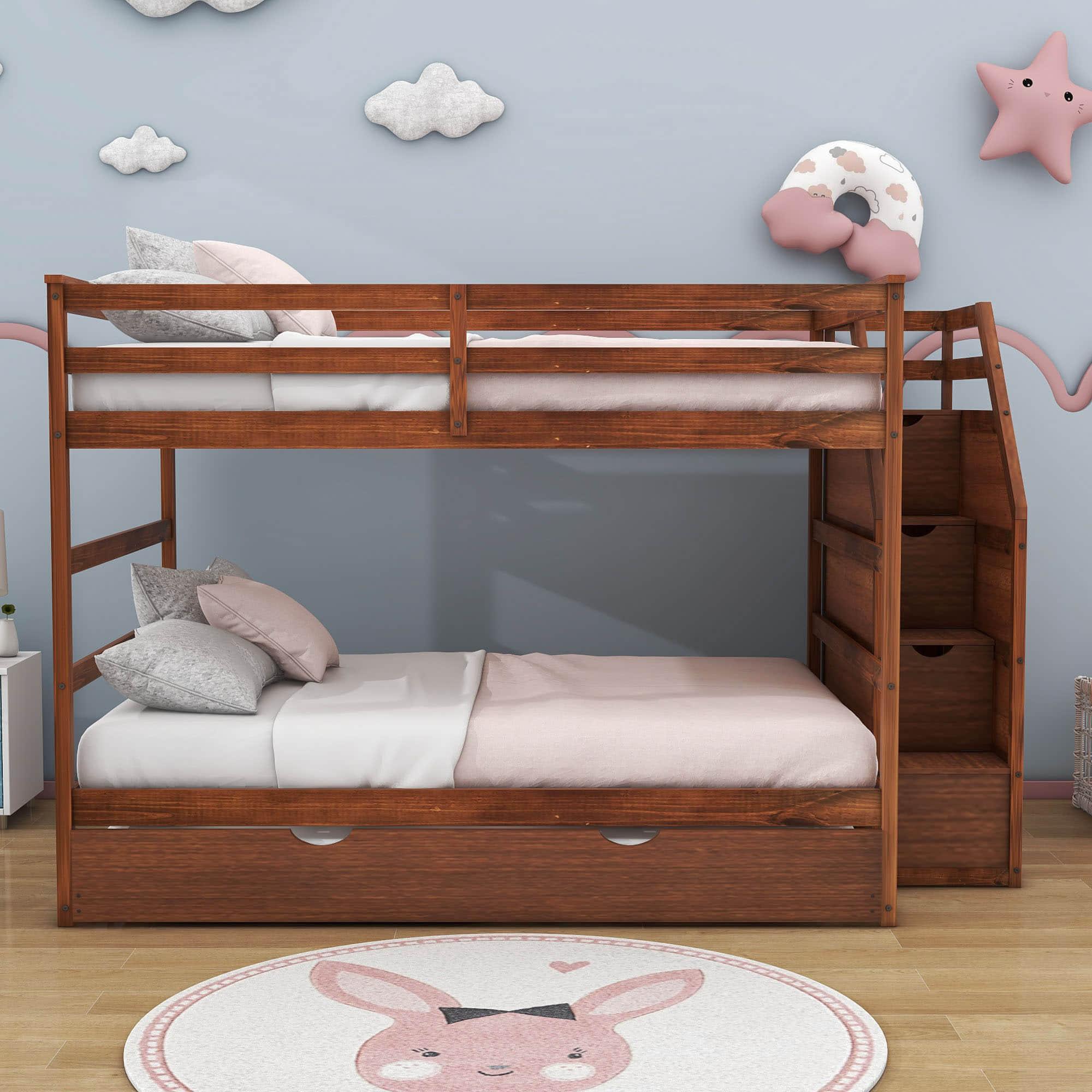 Full Over Full Bunk Beds with Stairs and Storage, Trundle - [Wood, Cabinets]