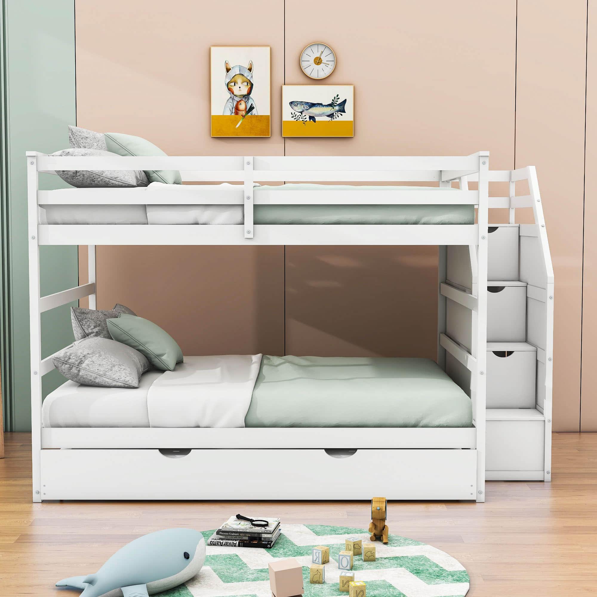 Full Over Full Bunk Beds with Stairs and Storage, Trundle - [Wood, Cabinets]