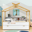 Full House Kids Bed Frame with Twin Trundle Bed and Bookshelf Storage