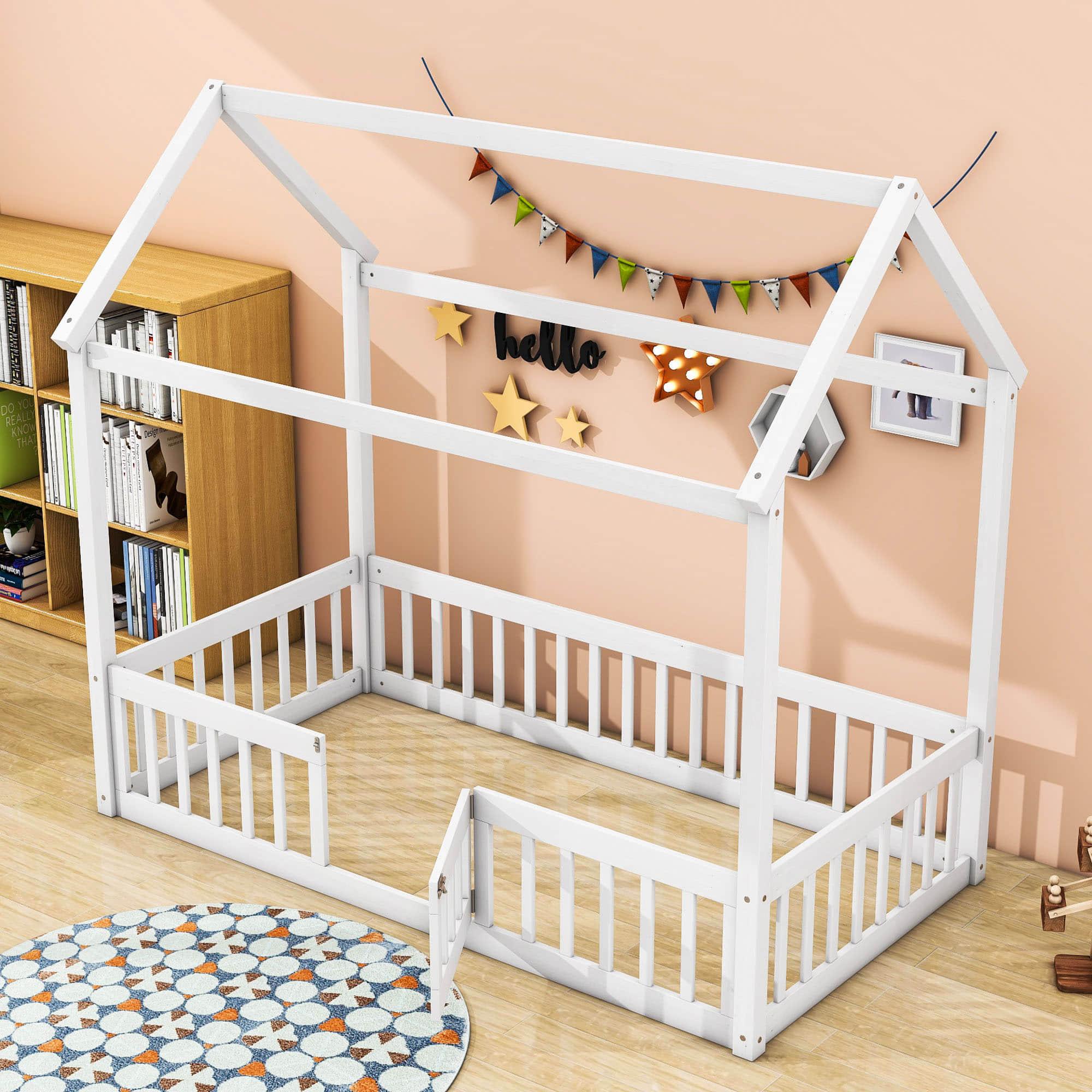 Wood House Twin Toddler Floor Bed with Rails and Door