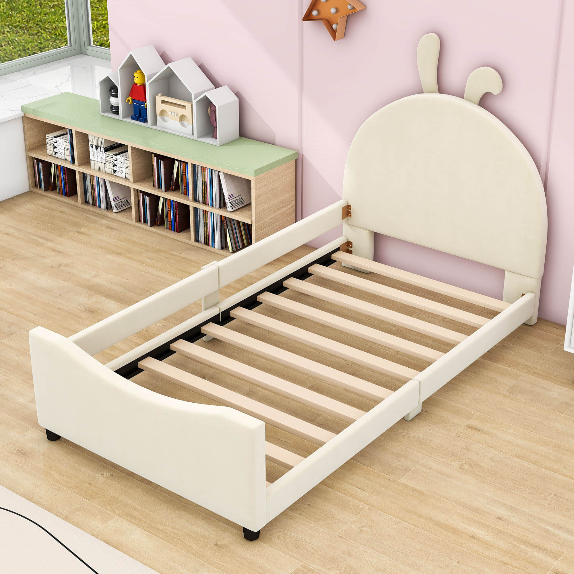 Cute Twin Size Low Profile Upholstered Toddler Bed with Rails