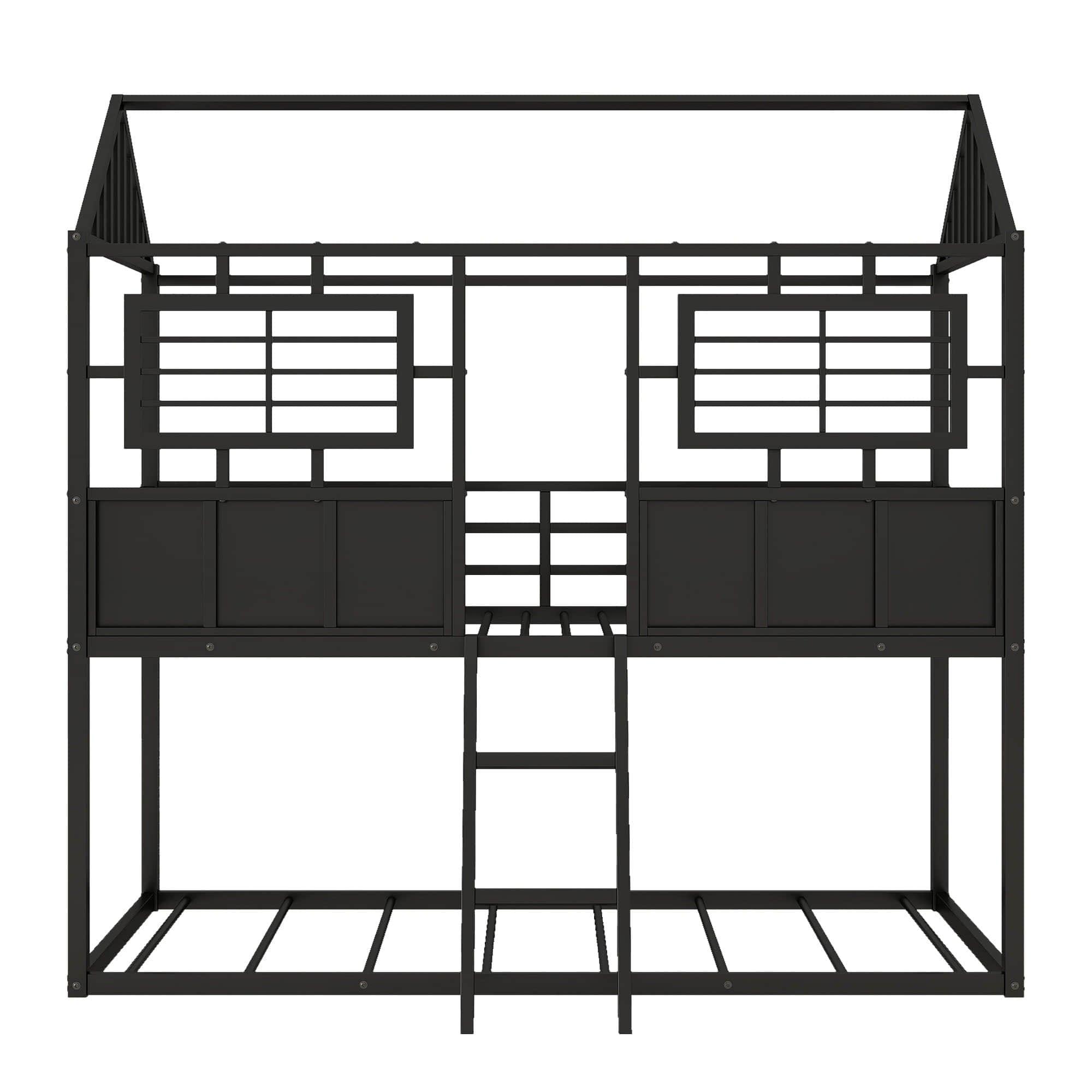 Twin Over Twin Low House Bunk Beds for Kids, Toddler - [Metal, Floor, Black]