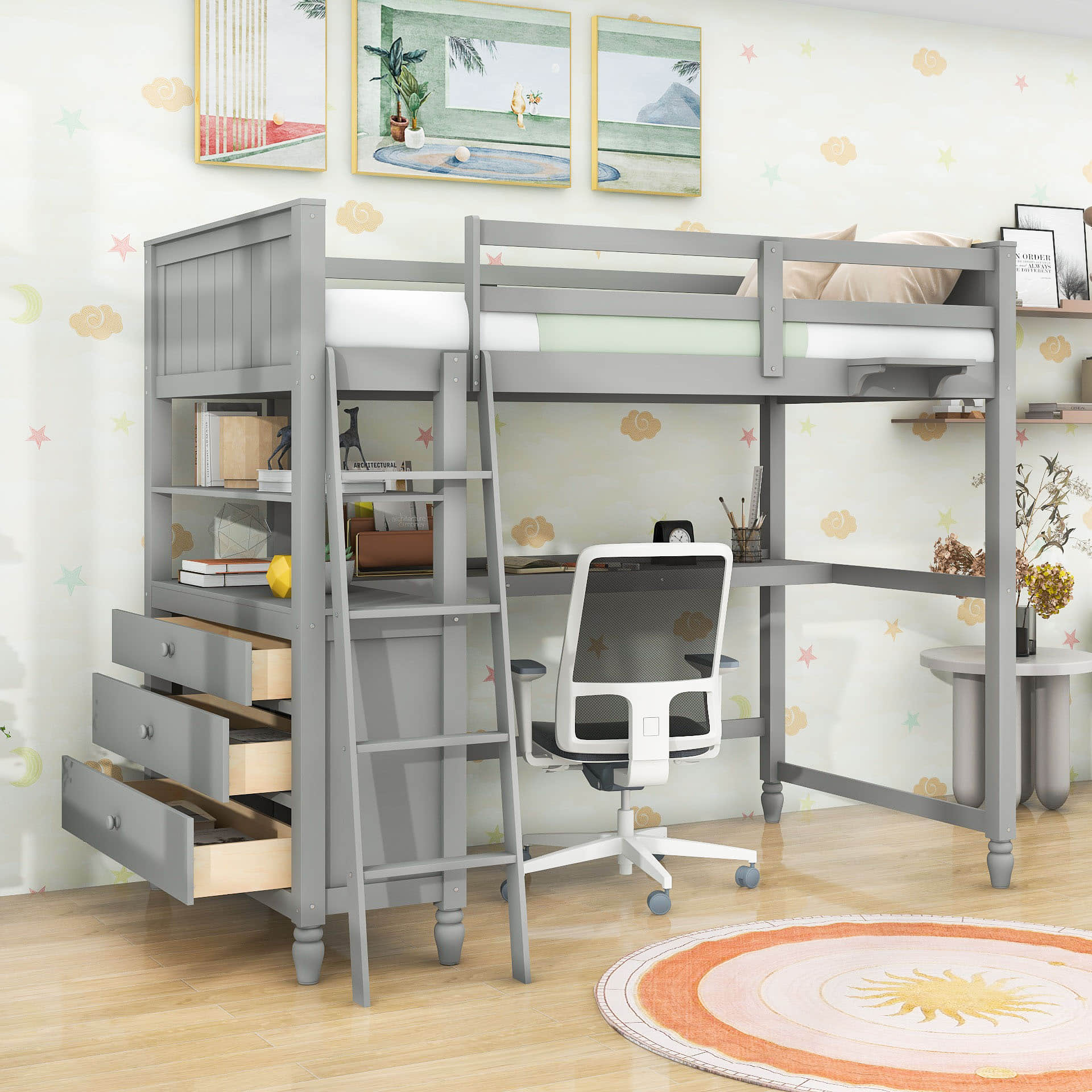 Twin Size Convertible Loft Bed with Desk and Storage - [Dresser, Shelves]