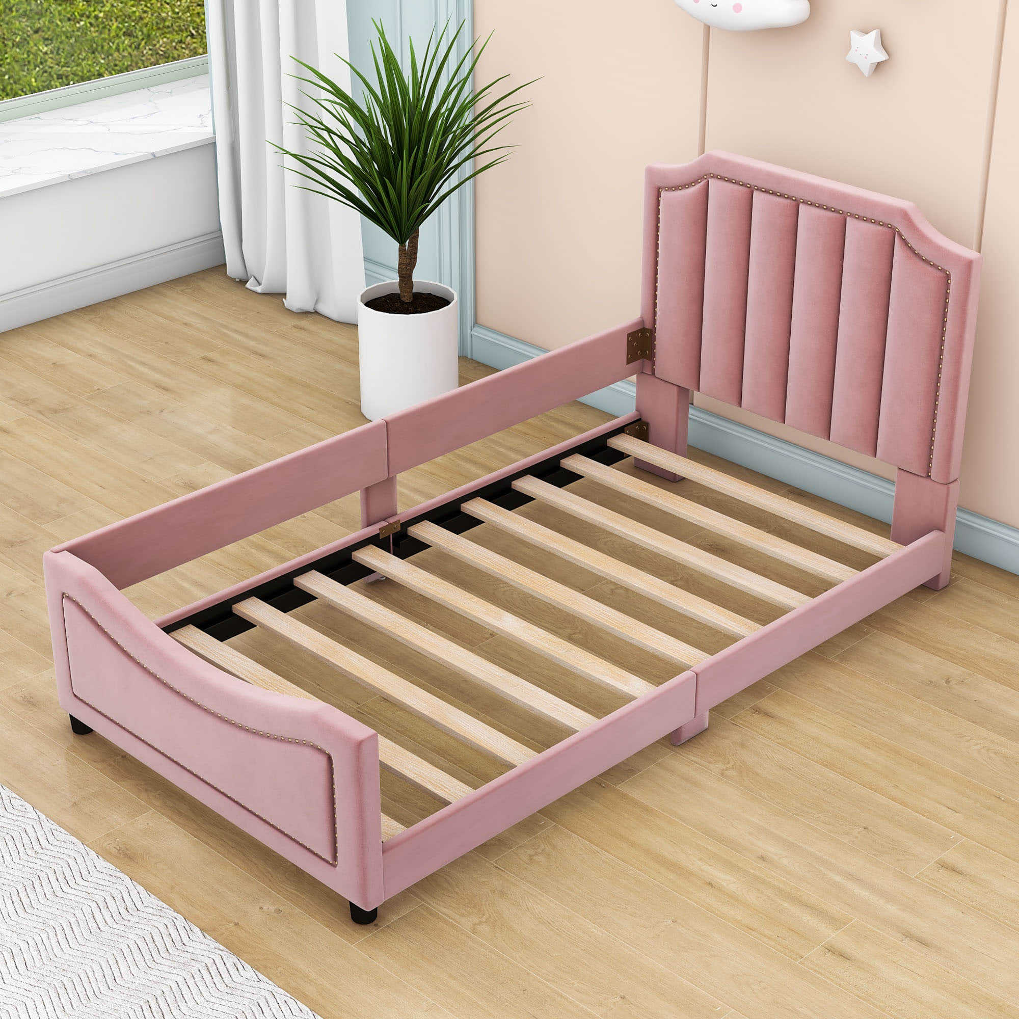 Cute Twin Low Profile Upholstered Toddler Nursery Bed with Rails