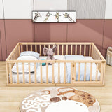 Wooden Queen Size Floor Toddler Bed with Rails and Door