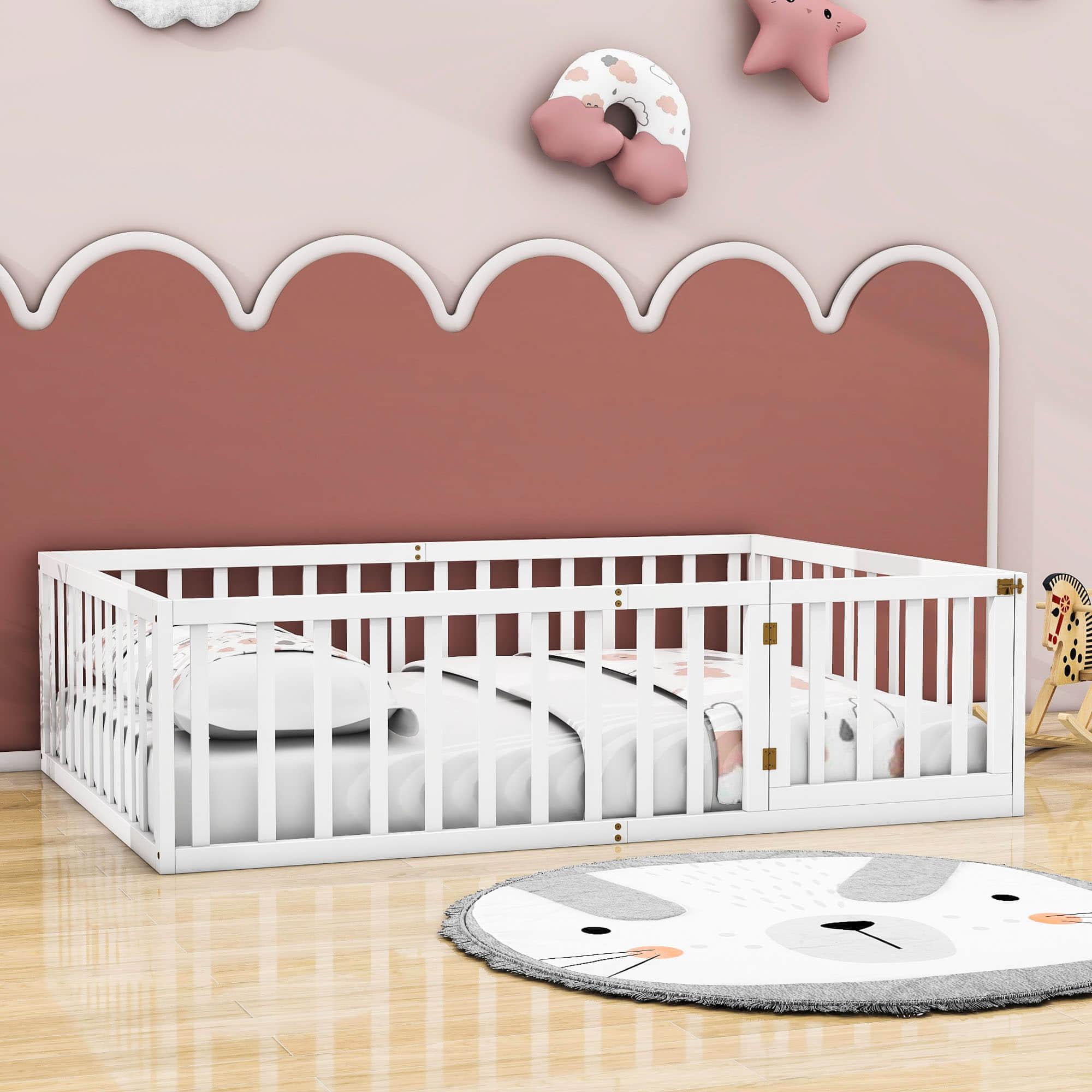 Wooden Full Size Floor Toddler Bed with Rails