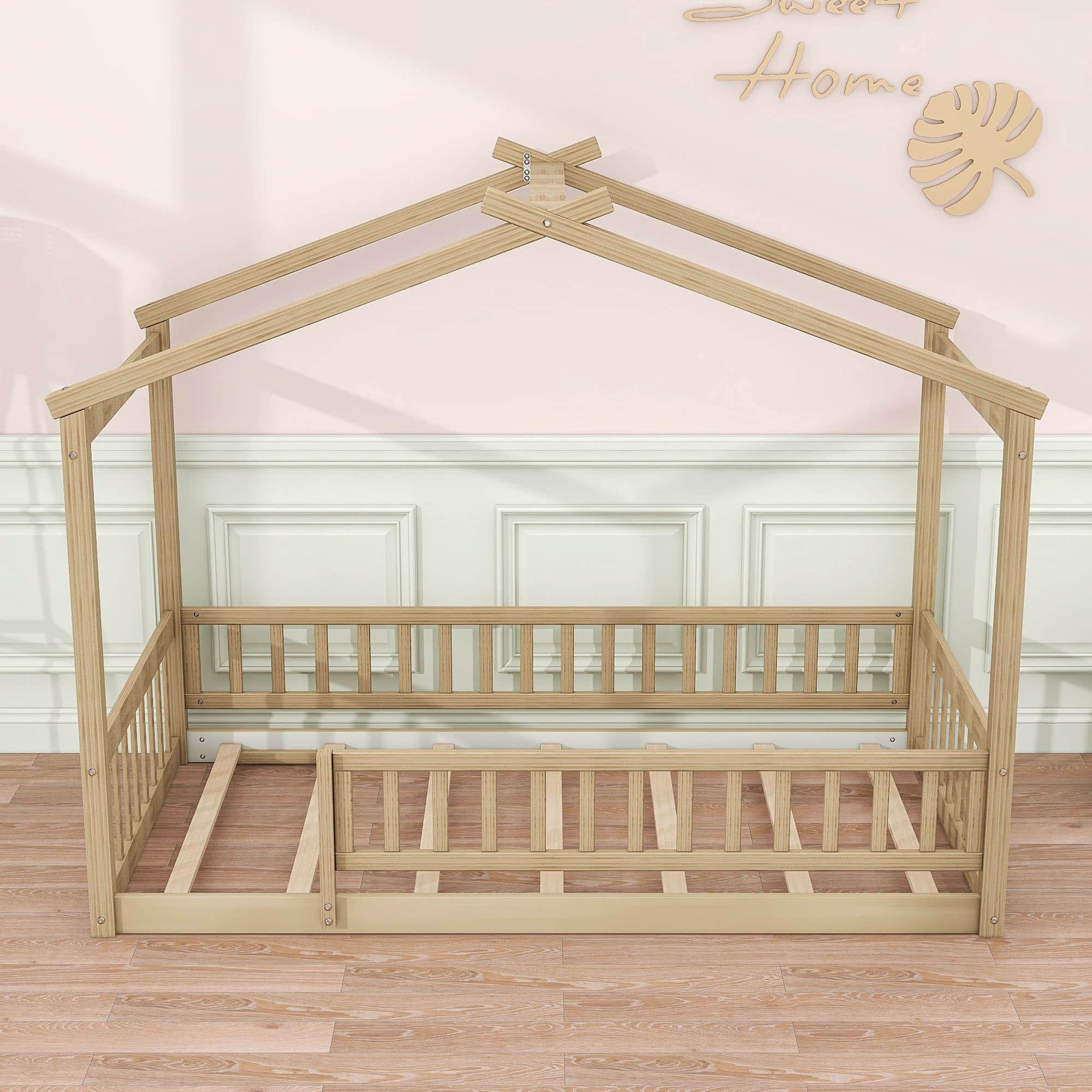 Twin Wood House Kids Toddler Floor Bed with Rails