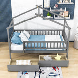 Twin Size Wood House Toddler Bed Frame with Rails and Storage