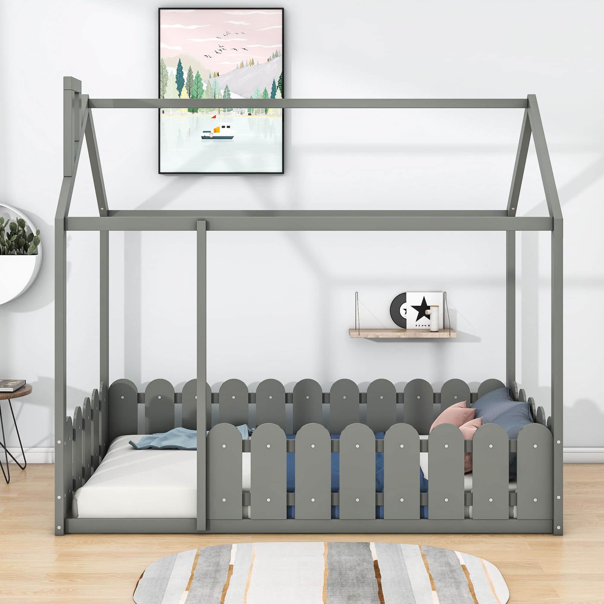 Twin Toddler Floor House Bed Frame with Rails - [Without Slats]