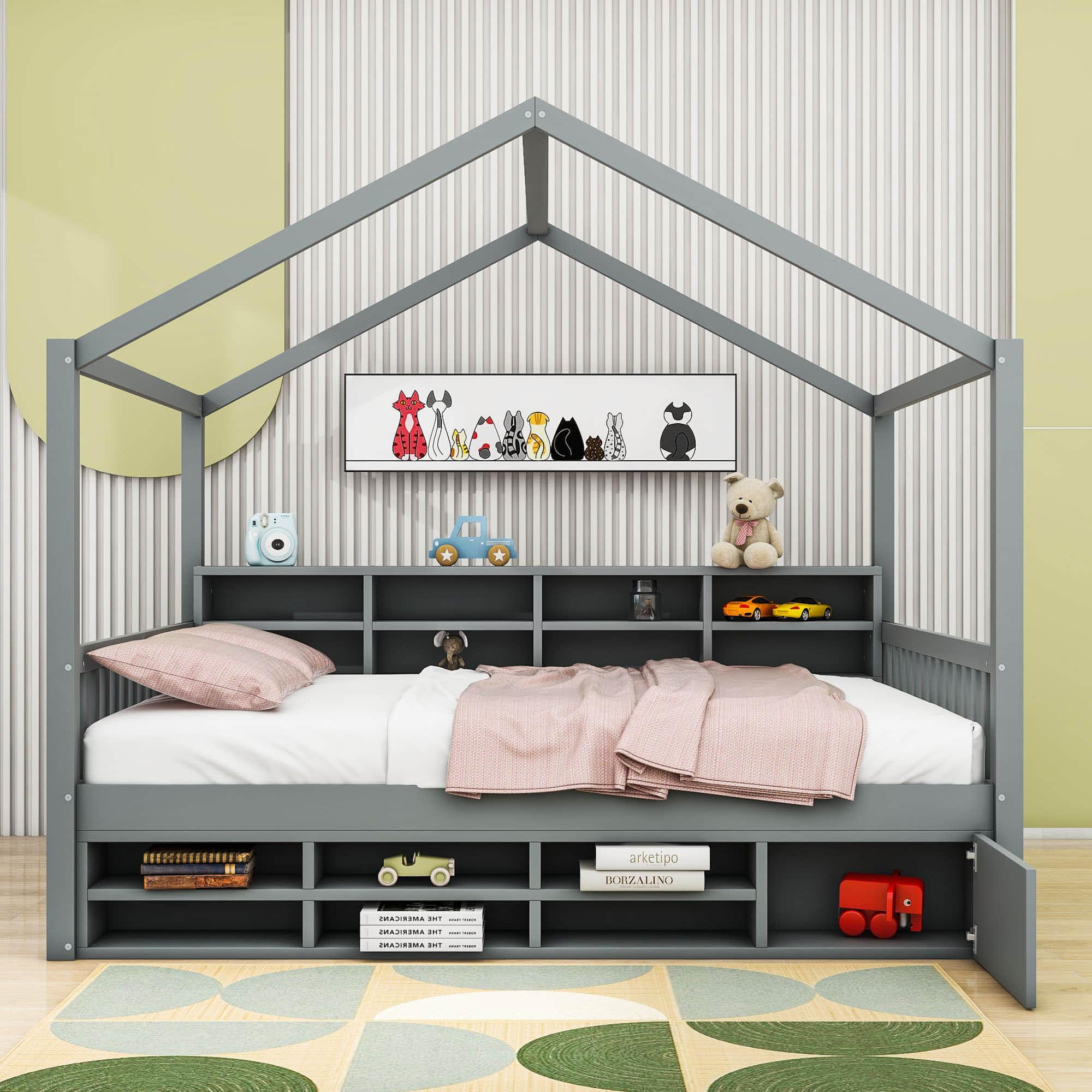 Wood Full House Kids Storage Bed Frame with Shelves and Mini-Cabinet