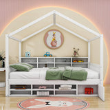 Wood Full House Kids Storage Bed Frame with Shelves and Mini-Cabinet