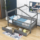 Twin Size Wood House Toddler Bed Frame with Rails and Storage