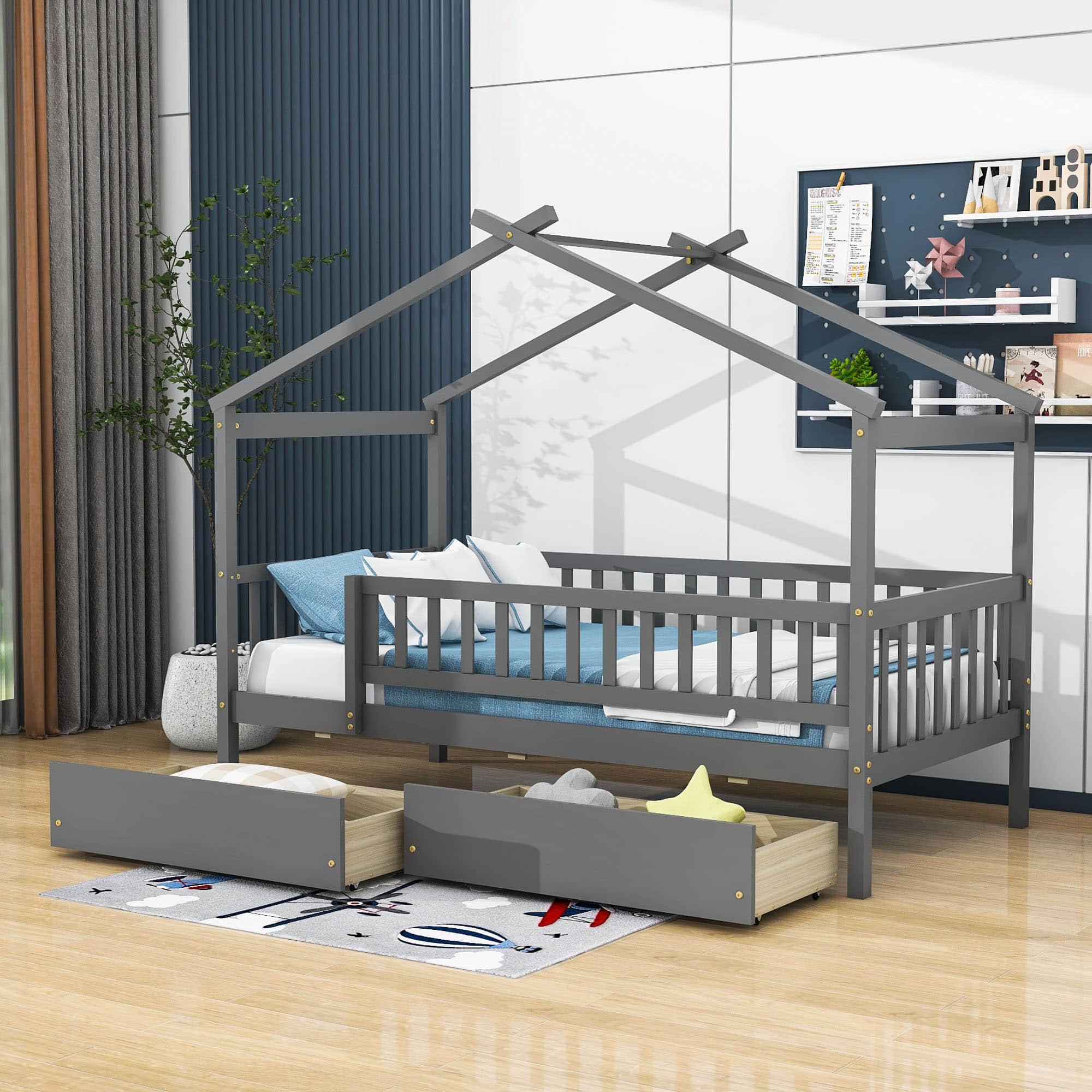 Twin Size Wood House Toddler Bed Frame with Rails and Storage