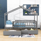 Twin Size Wood House Toddler Bed Frame with Rails and Storage