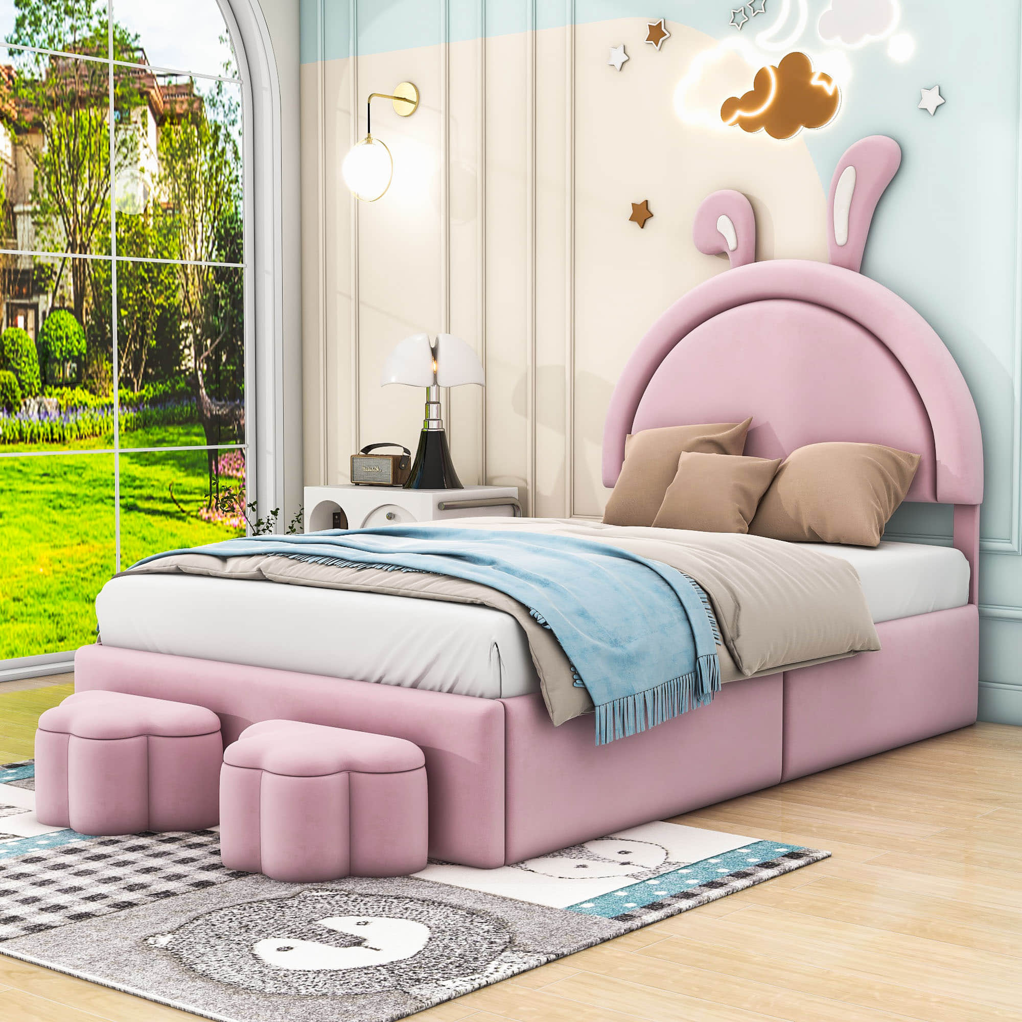 Twin Size Velvet Upholstered Princess Platform Bed Frame with Headboard