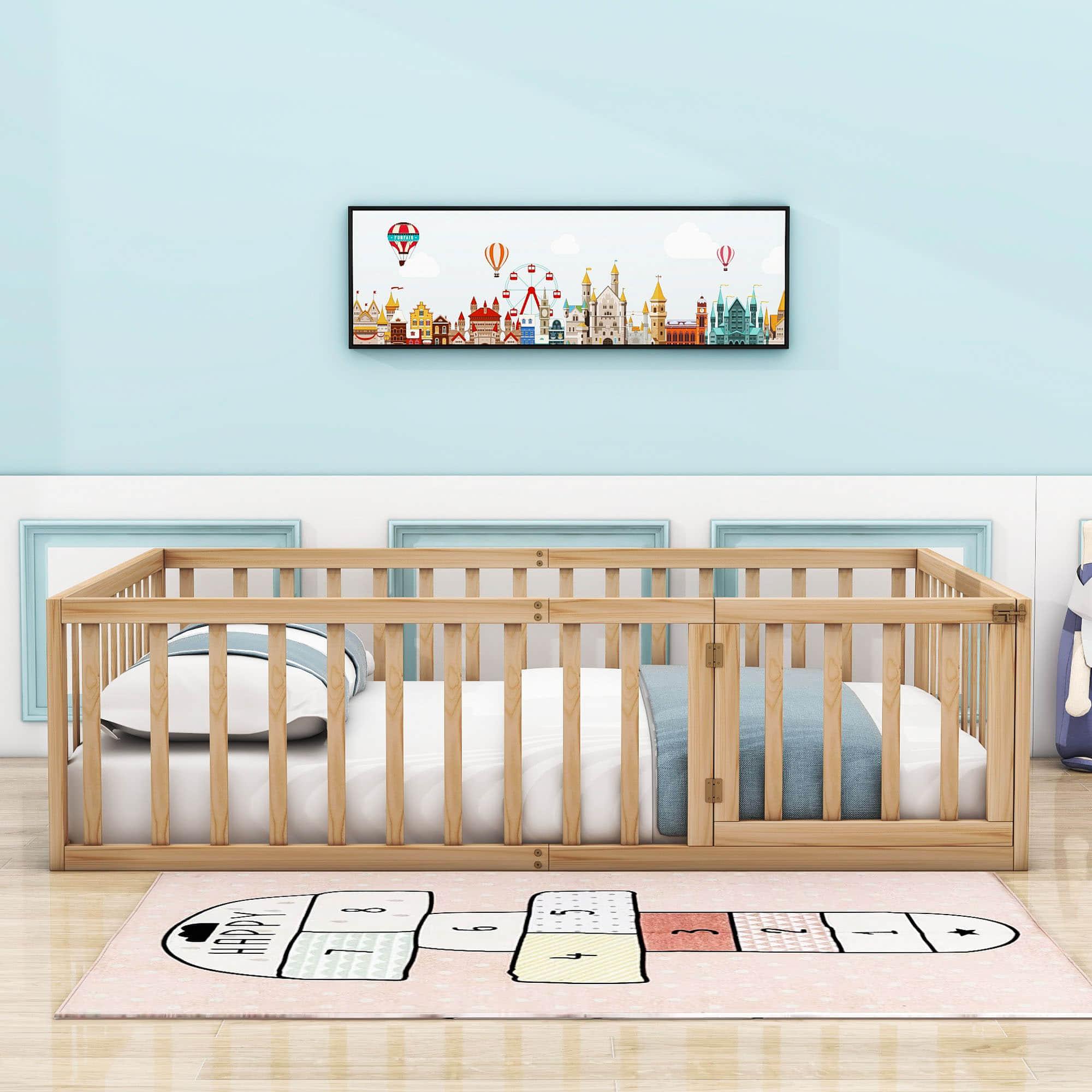 Wooden Full Size Floor Toddler Bed with Rails