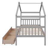 Kids Low Wooden House Bed with Storage and Headboard - [Drawers, Footboard]