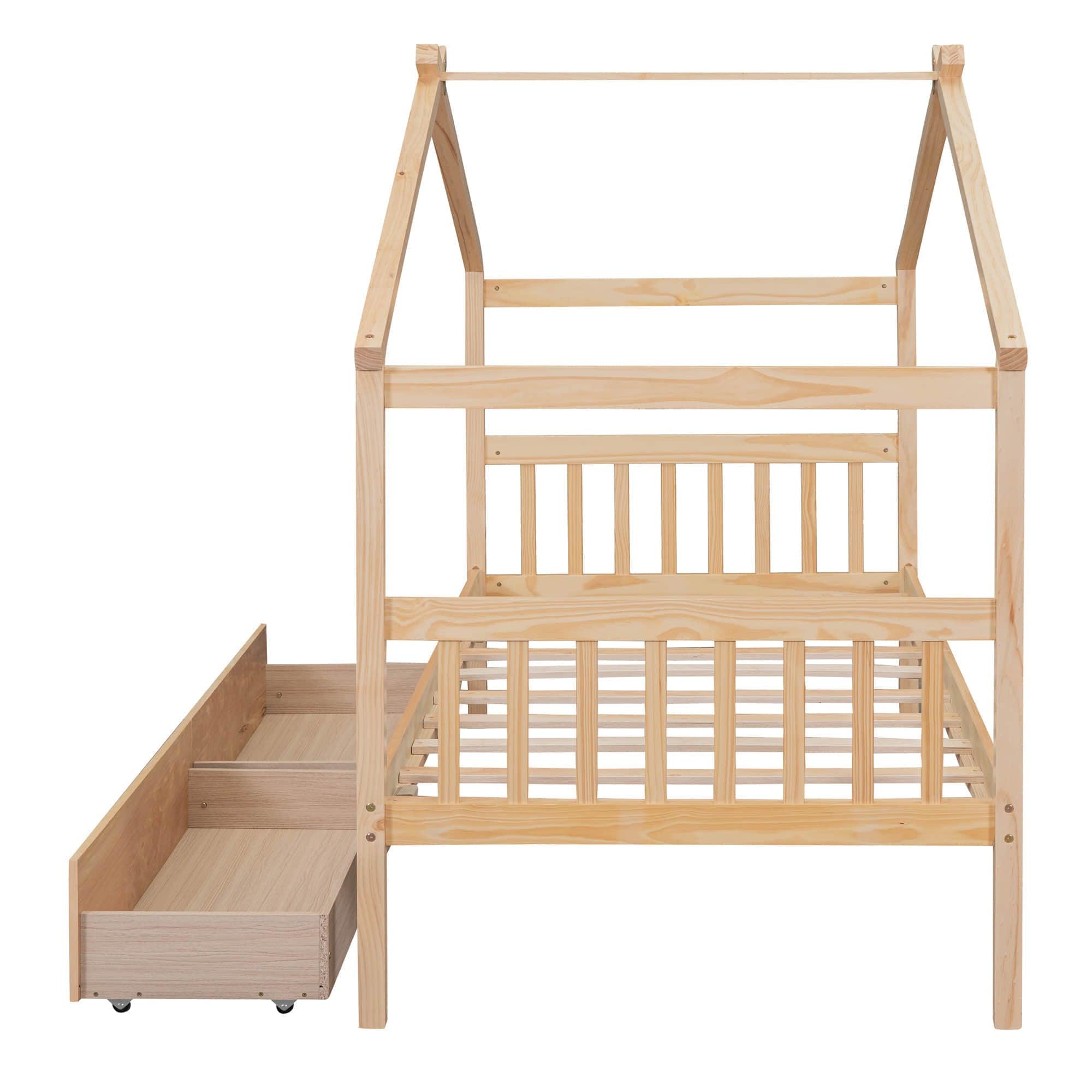 Kids Low Wooden House Bed with Storage and Headboard - [Drawers, Footboard]