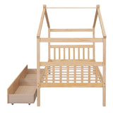 Kids Low Wooden House Bed with Storage and Headboard - [Drawers, Footboard]