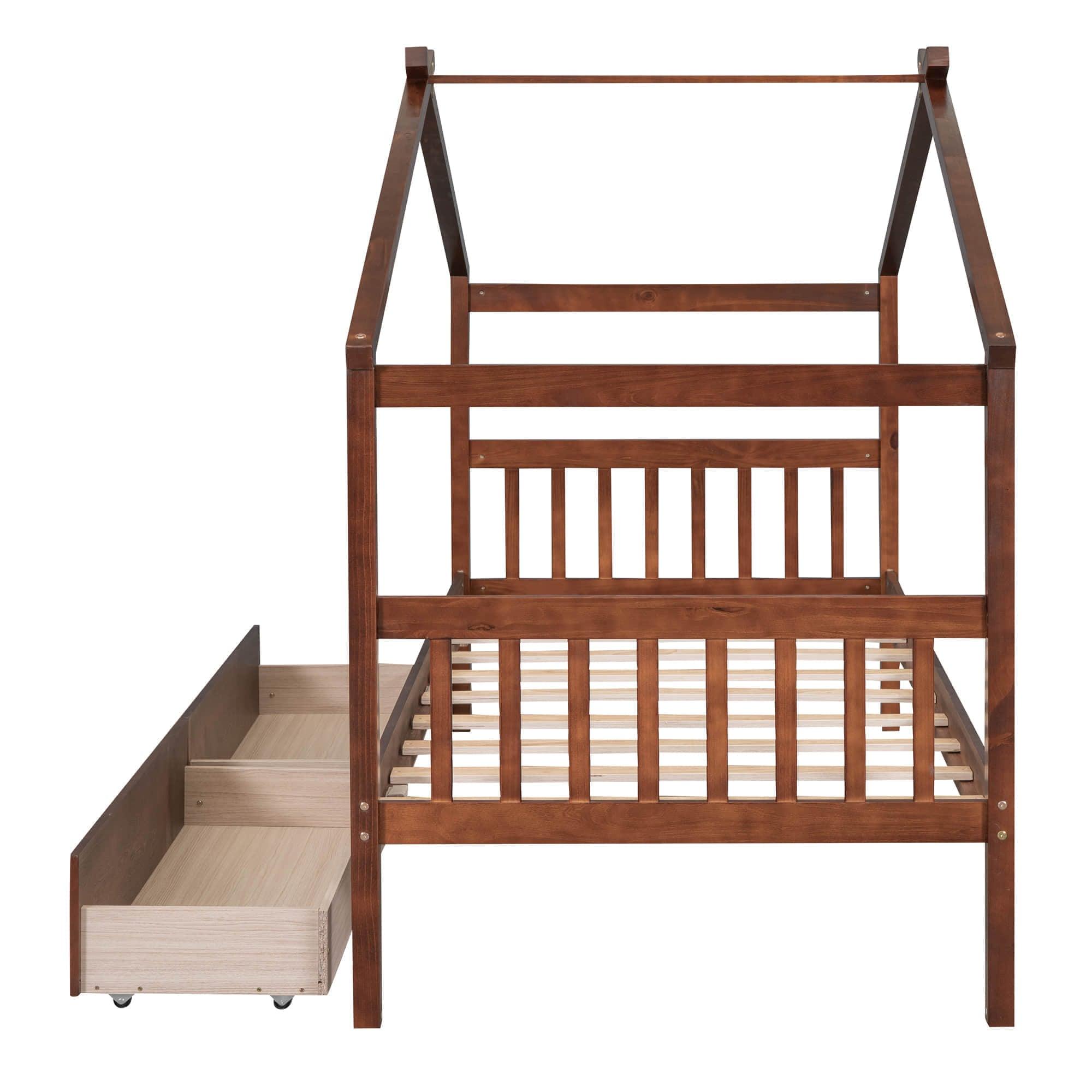 Kids Low Wooden House Bed with Storage and Headboard - [Drawers, Footboard]