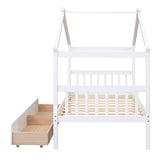 Kids Low Wooden House Bed with Storage and Headboard - [Drawers, Footboard]