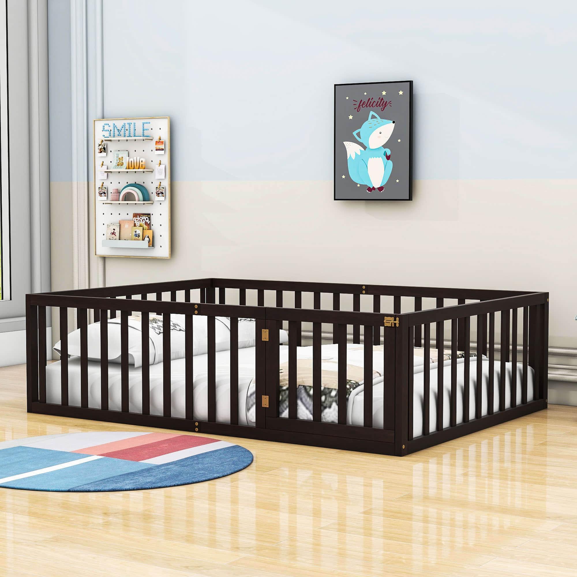 Wooden Full Size Floor Toddler Bed with Rails