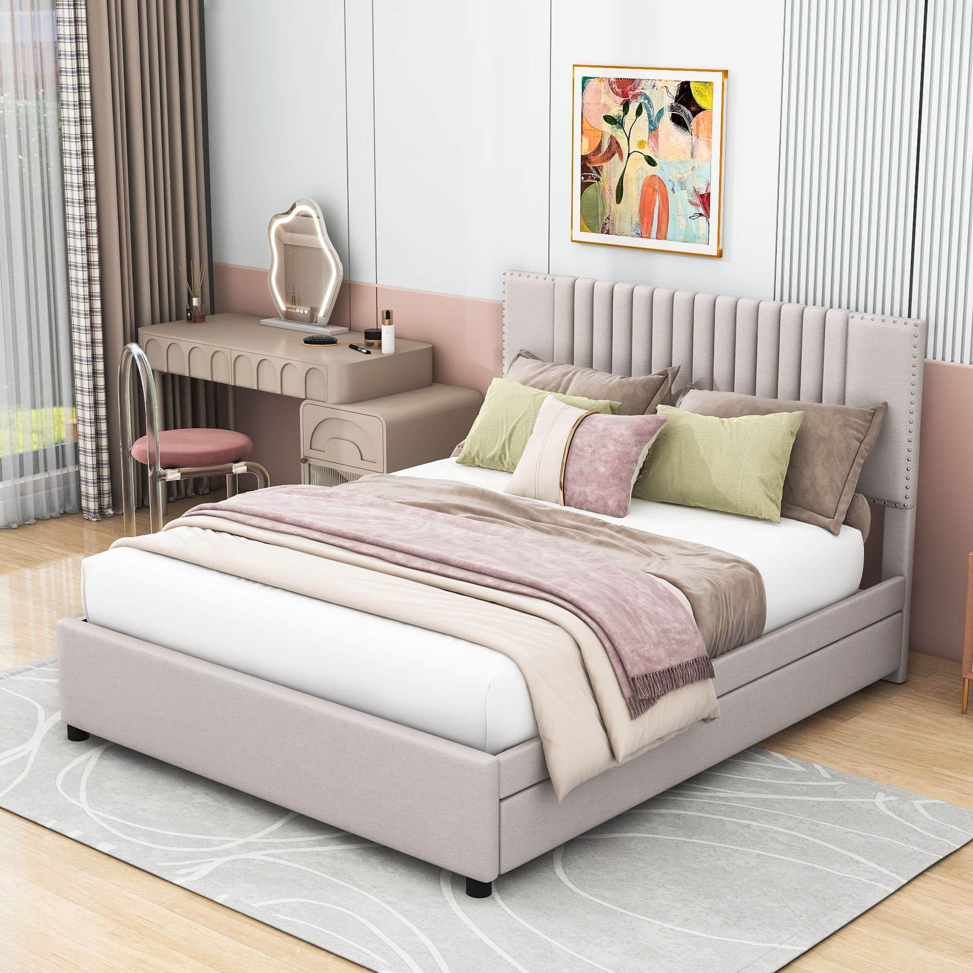 Upholstered Full Size Platform Bed Frame with Storage and Twin Trundle - [Drawers, Headboard]