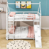 Low Twin Over Queen House Bunk Beds with Climbing Ramp & Nets - [Wooden]