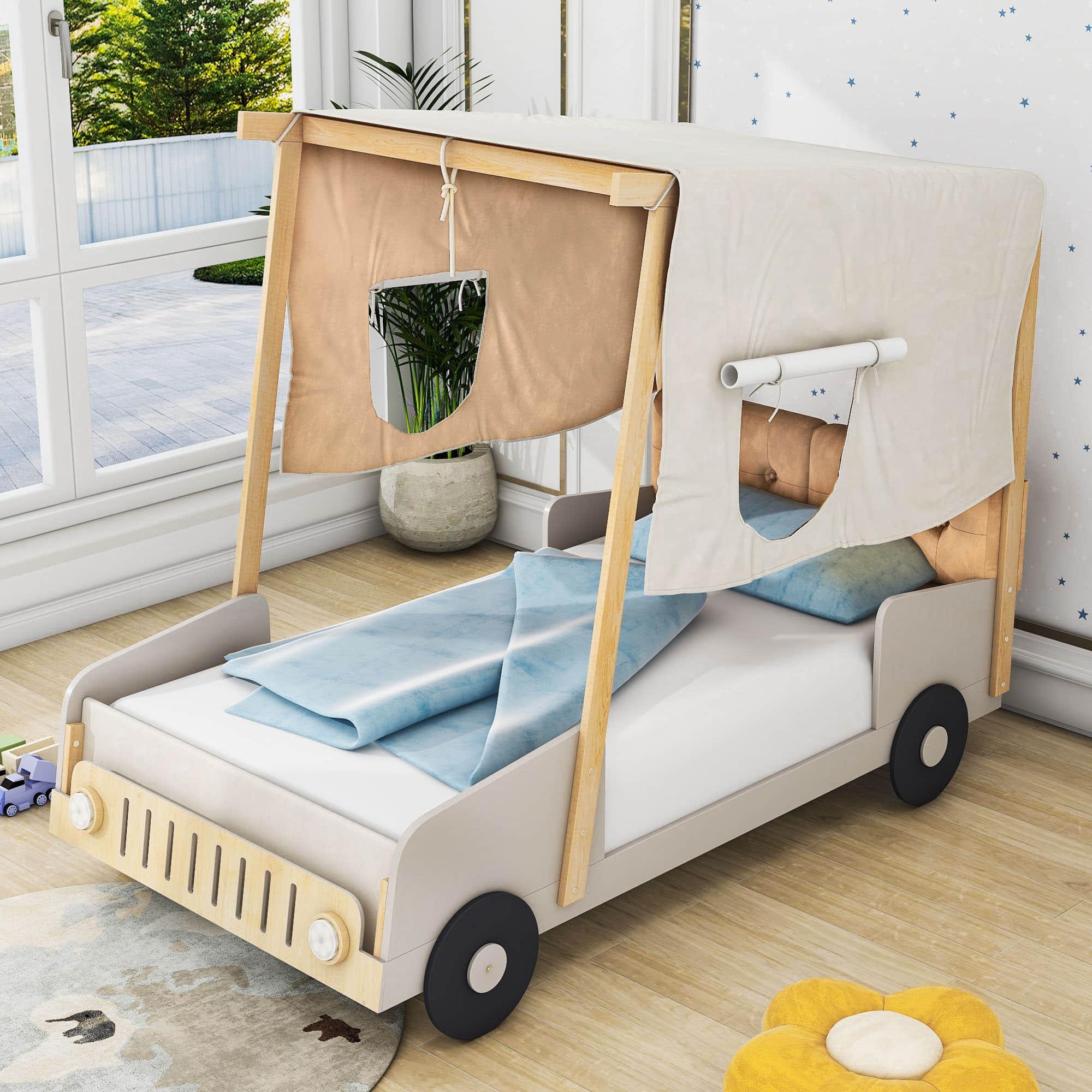 Wood Twin Car Bed Frame with LED Lights and Canopy for Boys