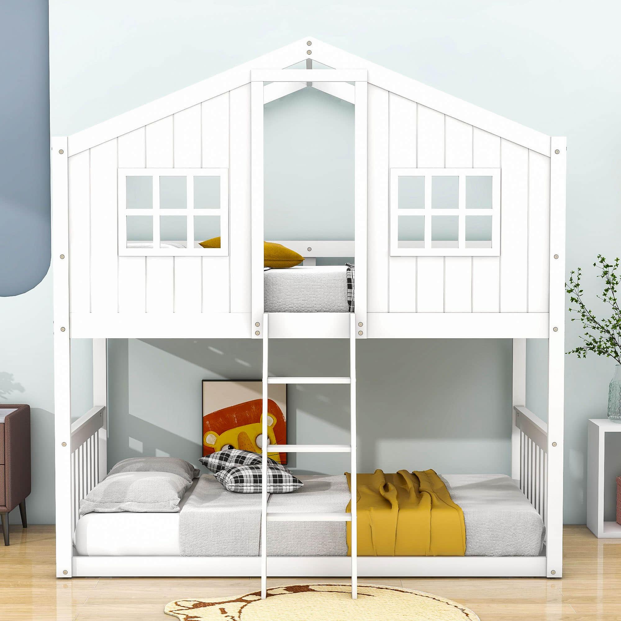 Low Twin Over Twin House Bunk Beds for Kids Toddler - [Wooden, Floor]