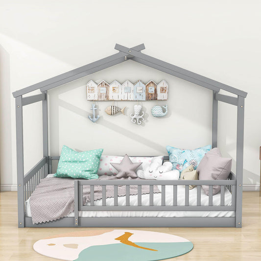 Full Size Wood House Kids Toddler Floor Bed with Rails