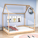 Solid Wood Full Size House Floor Bed for Toddler, Kids