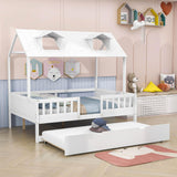 Wooden Full Size Kids House Bed with Rails and Twin Trundle Bed