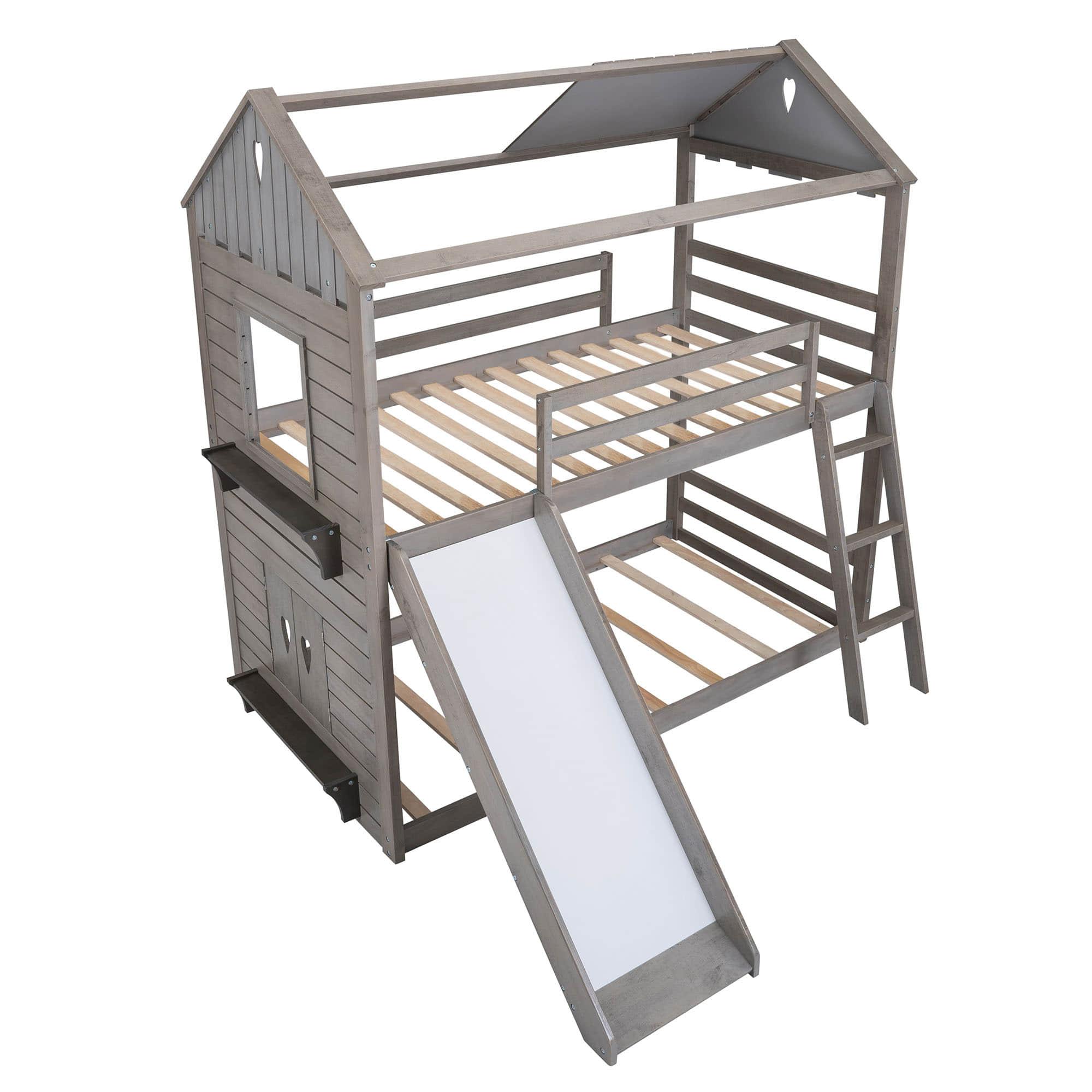 Low Twin Over Twin FarmHouse Bunk Beds with Slide for Kids, Toddler - [Wood, Floor]