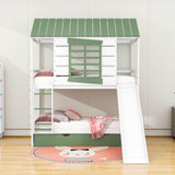 White Twin Over Twin House Bunk Beds with Slide and Trundle - [Wooden, Convertible]